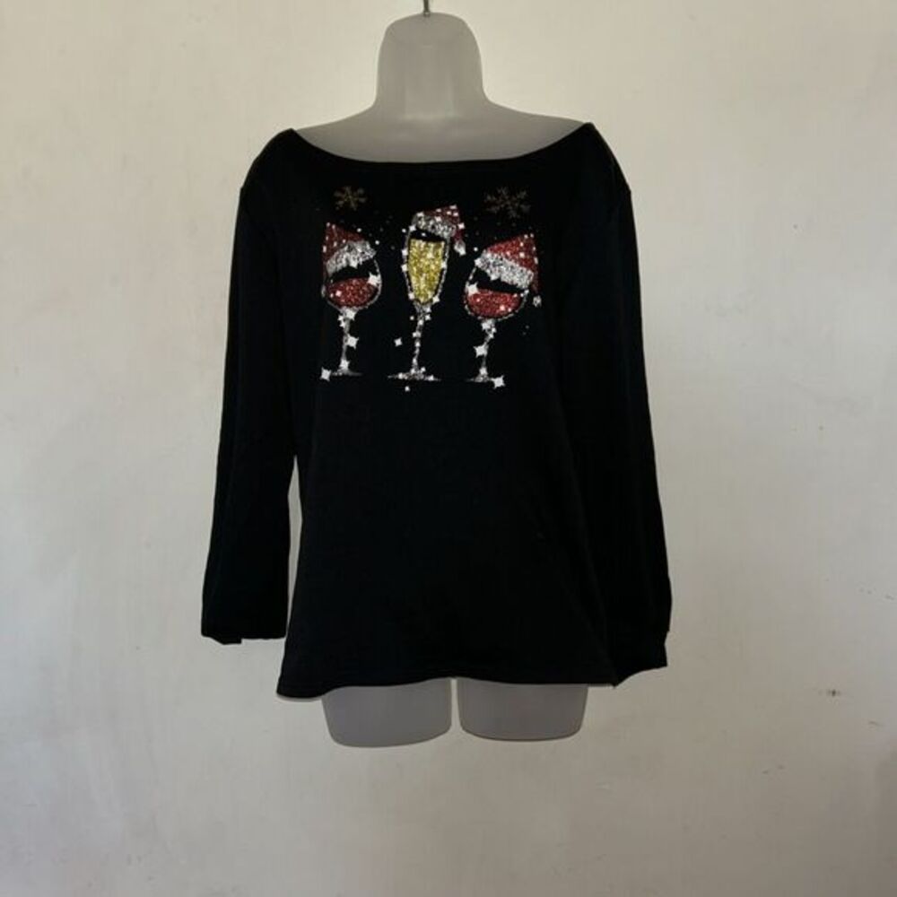 Deerose Women Holiday Sparkle New‎ Years L/S Black Top Size M Off Shoulder